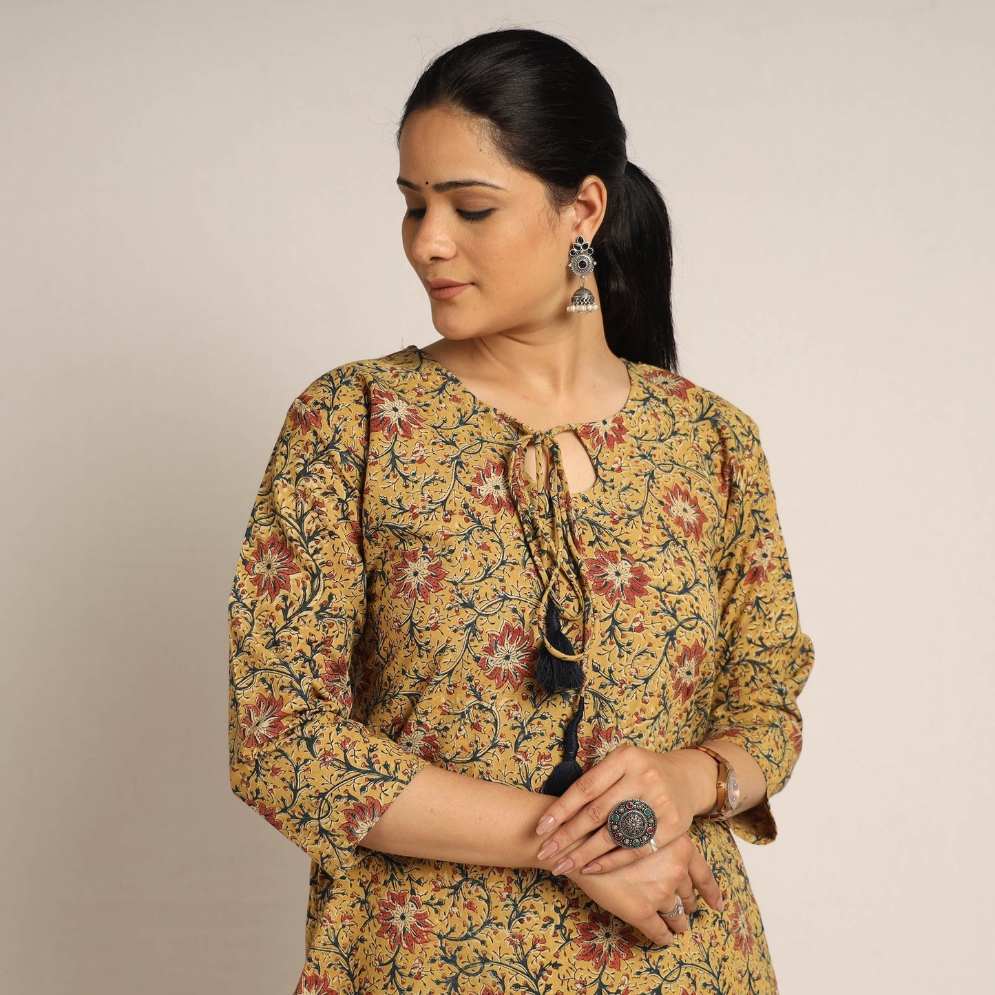 Yellow - pedana kalamkari printed cotton kurta with palazzo