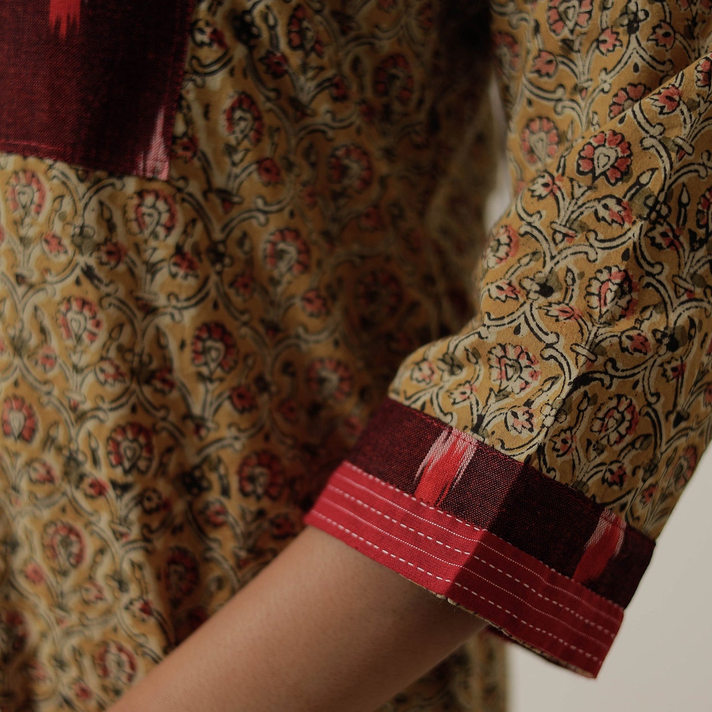 Yellow - Pedana Kalamkari Block Printed Cotton Straight Kurta with Patchwork 03