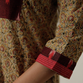 Yellow - Pedana Kalamkari Block Printed Cotton Straight Kurta with Patchwork 03
