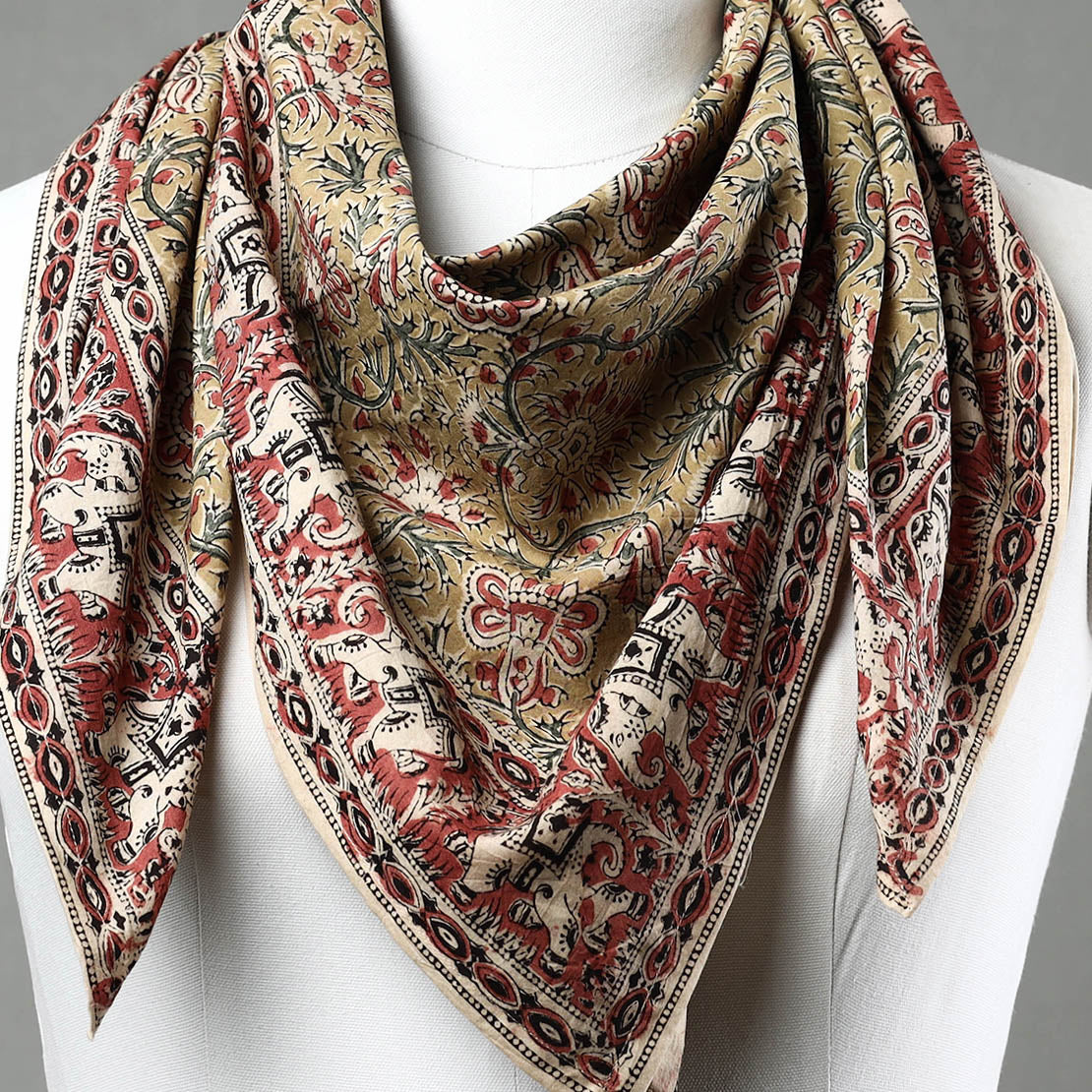 Yellow Pedana Kalamkari Block Printed Natural Dyed Cotton Scarf