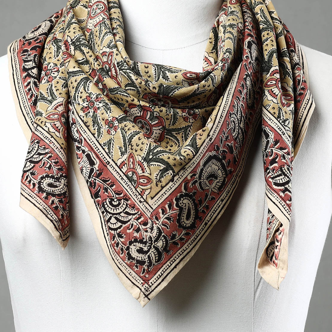 Yellow Pedana Kalamkari Block Printed Natural Dyed Cotton Scarf