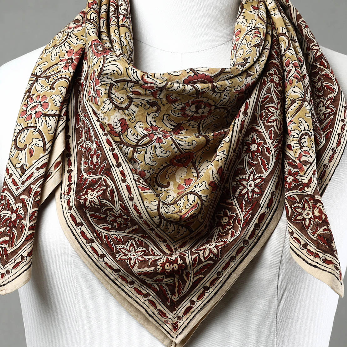 Yellow Pedana Kalamkari Block Printed Natural Dyed Cotton Scarf 