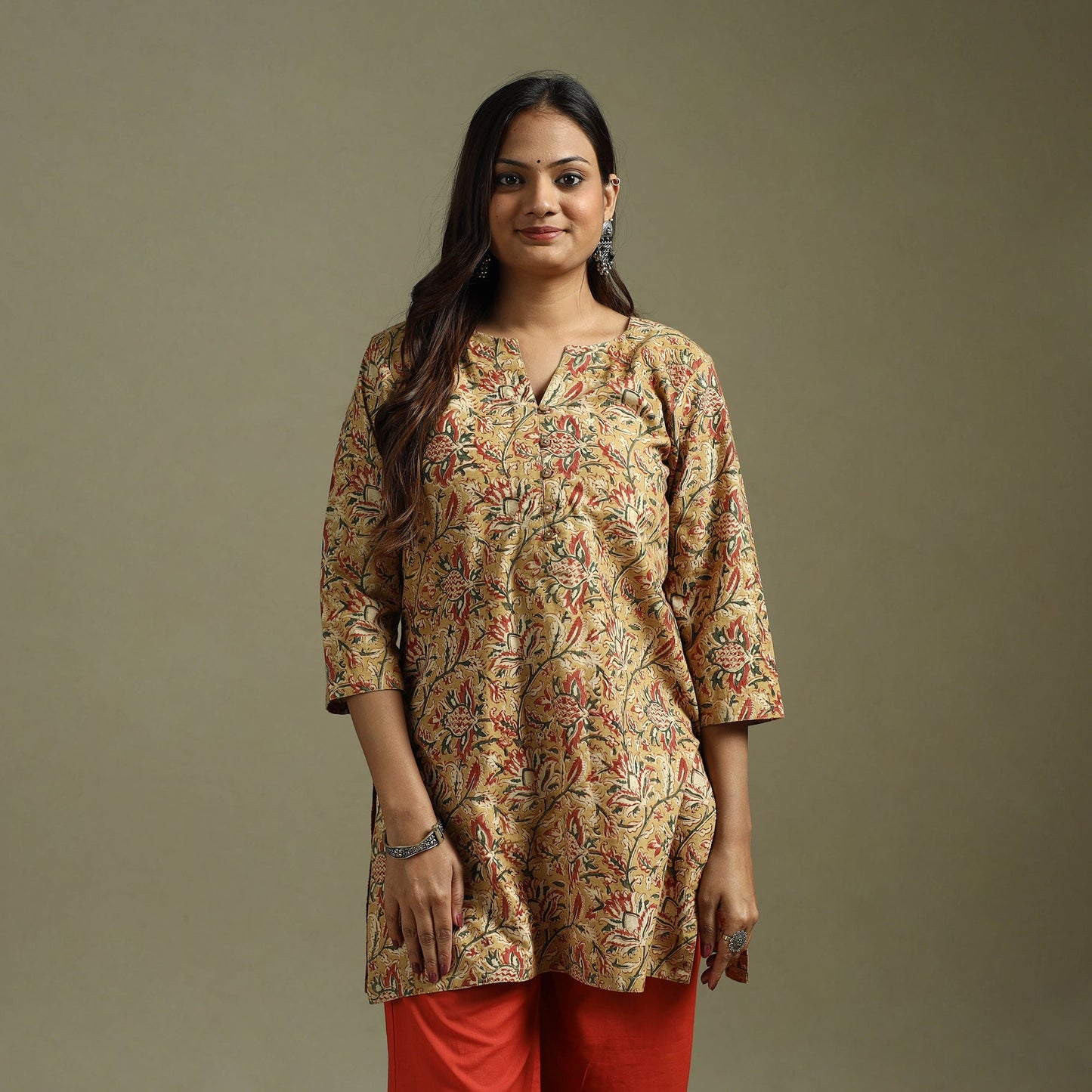 Yellow - pedana natural dyed cotton short kalamkari kurta