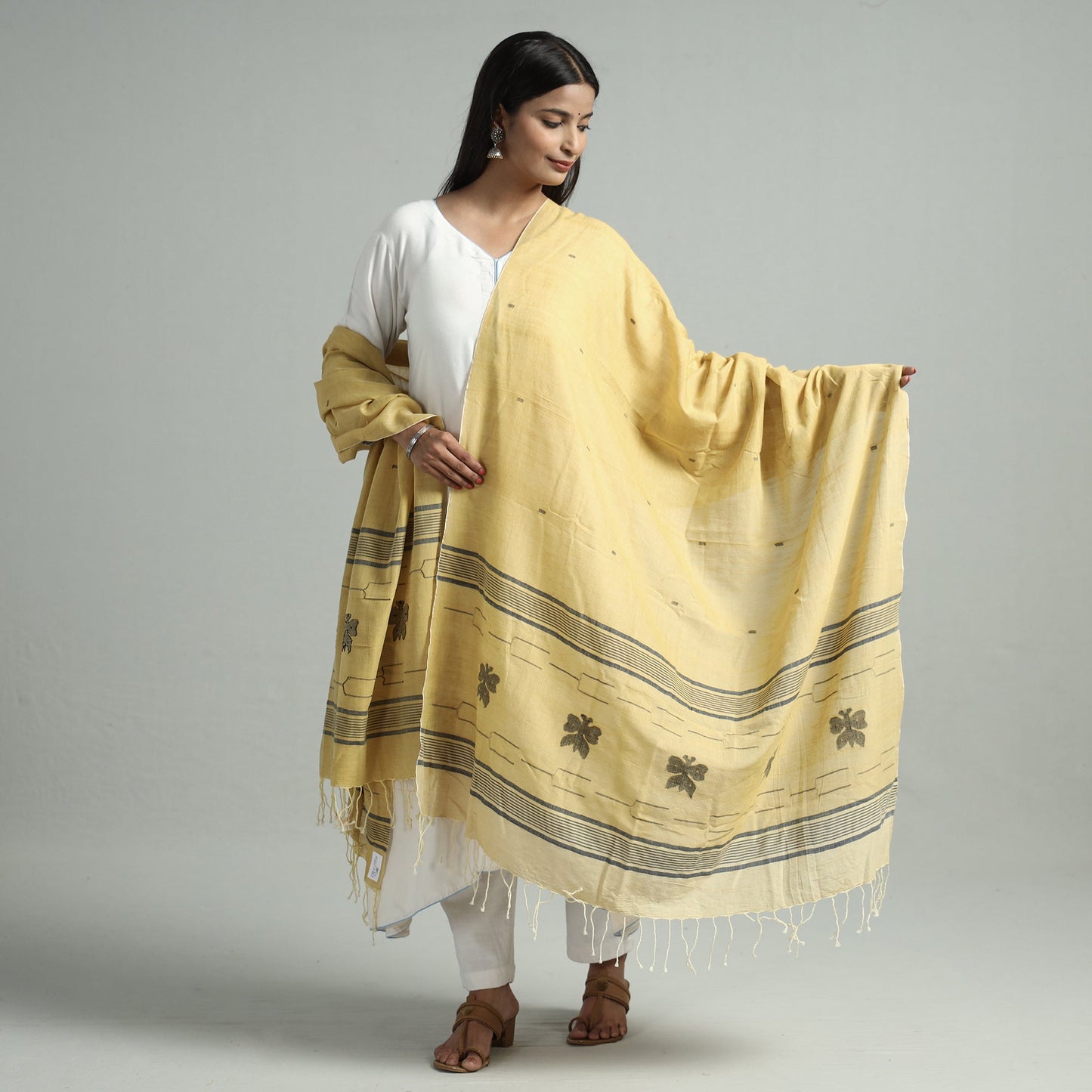 Yellow - phulia jamdani buti handloom pure cotton dupatta