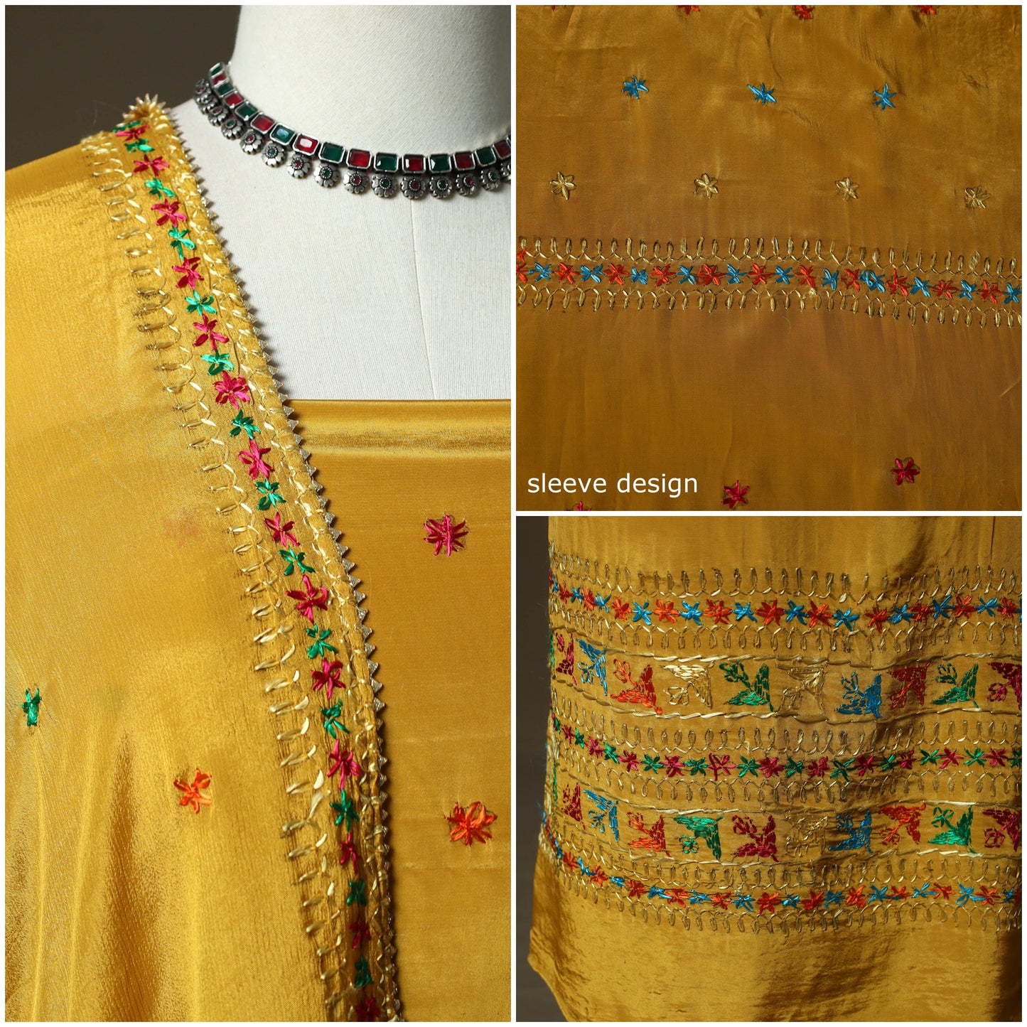 Phulkari hand embroidered crepe silk 3pc unstitched dress