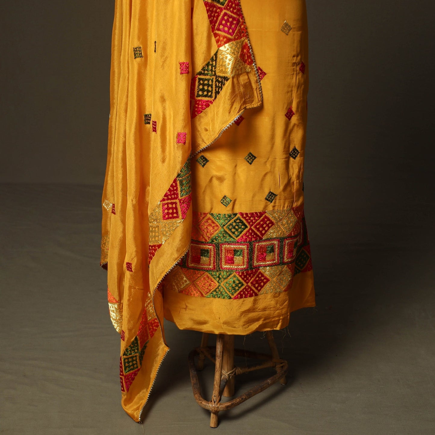 Phulkari hand embroidered crepe silk 3pc unstitched dress