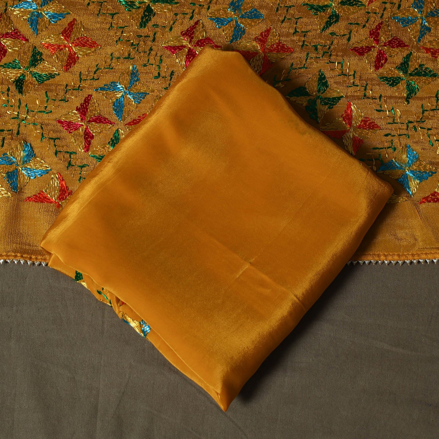 Phulkari hand embroidered crepe silk 3pc unstitched dress