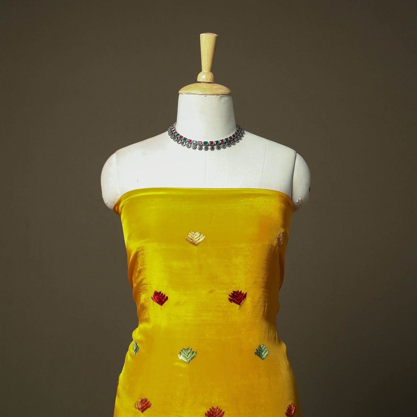 Phulkari hand embroidered crepe silk 3pc unstitched dress