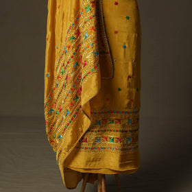 Phulkari hand embroidered crepe silk 3pc unstitched dress