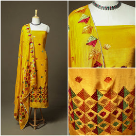 Phulkari hand embroidered crepe silk 3pc unstitched dress