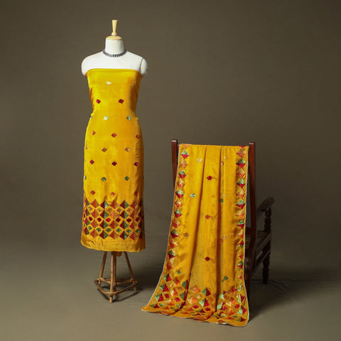 Phulkari hand embroidered crepe silk 3pc unstitched dress
