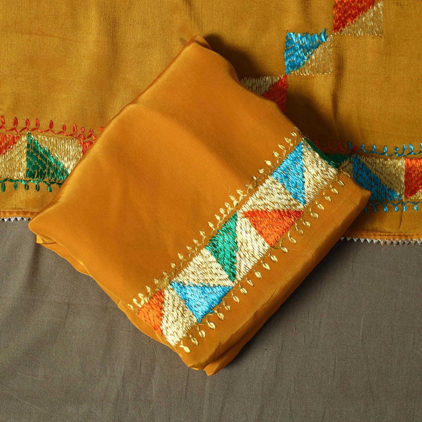 Phulkari hand embroidered crepe silk 3pc unstitched dress