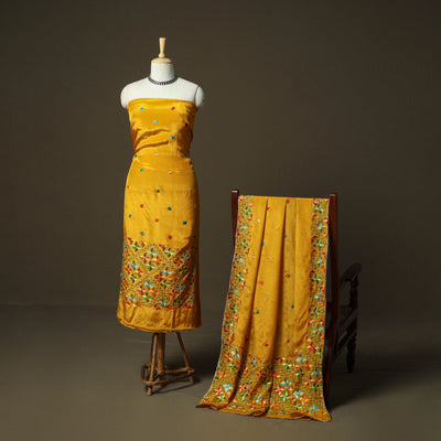 Phulkari hand embroidered crepe silk 3pc unstitched dress