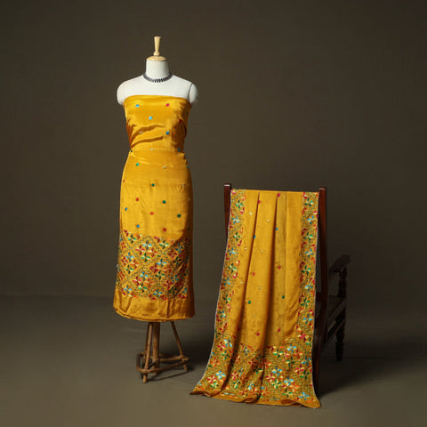 Phulkari hand embroidered crepe silk 3pc unstitched dress