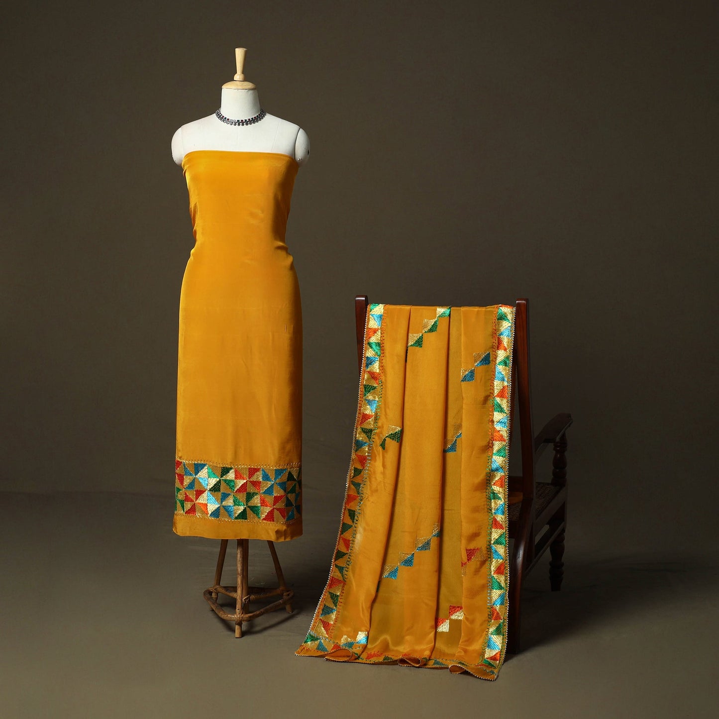 Phulkari hand embroidered crepe silk 3pc unstitched dress