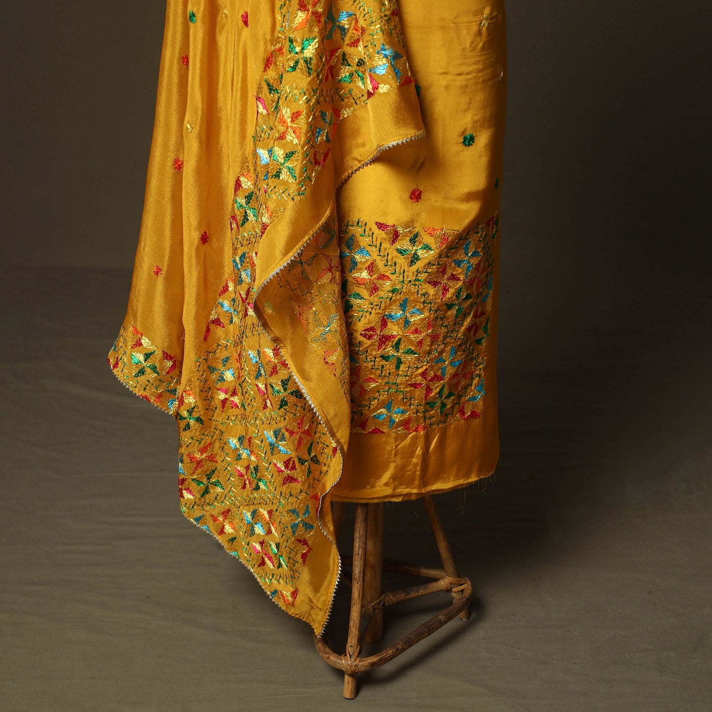 Phulkari hand embroidered crepe silk 3pc unstitched dress