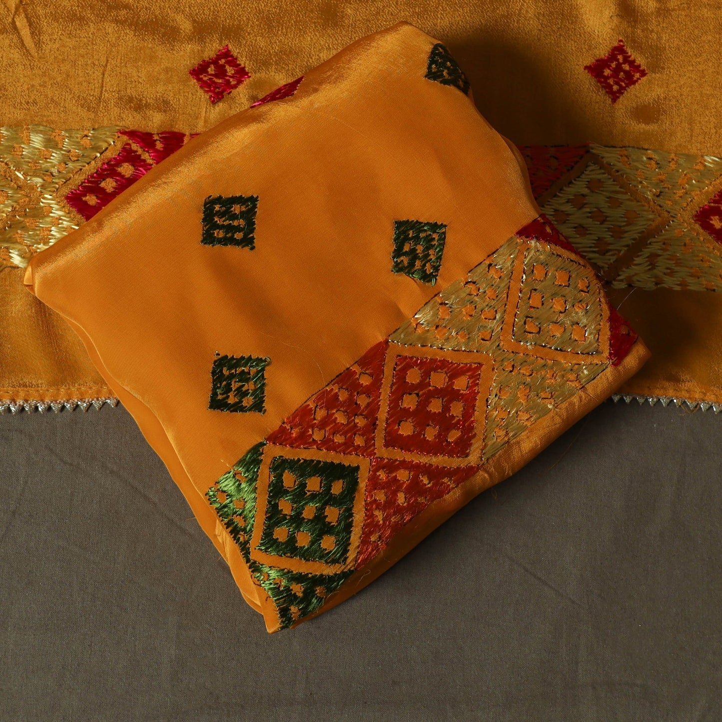 Phulkari hand embroidered crepe silk 3pc unstitched dress