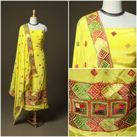Phulkari hand embroidered crepe silk 3pc unstitched dress