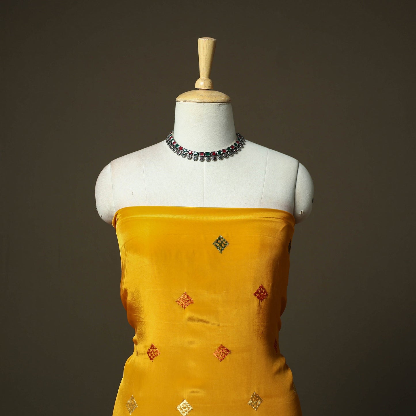 Phulkari hand embroidered crepe silk 3pc unstitched dress