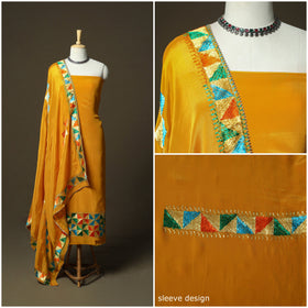 Phulkari hand embroidered crepe silk 3pc unstitched dress