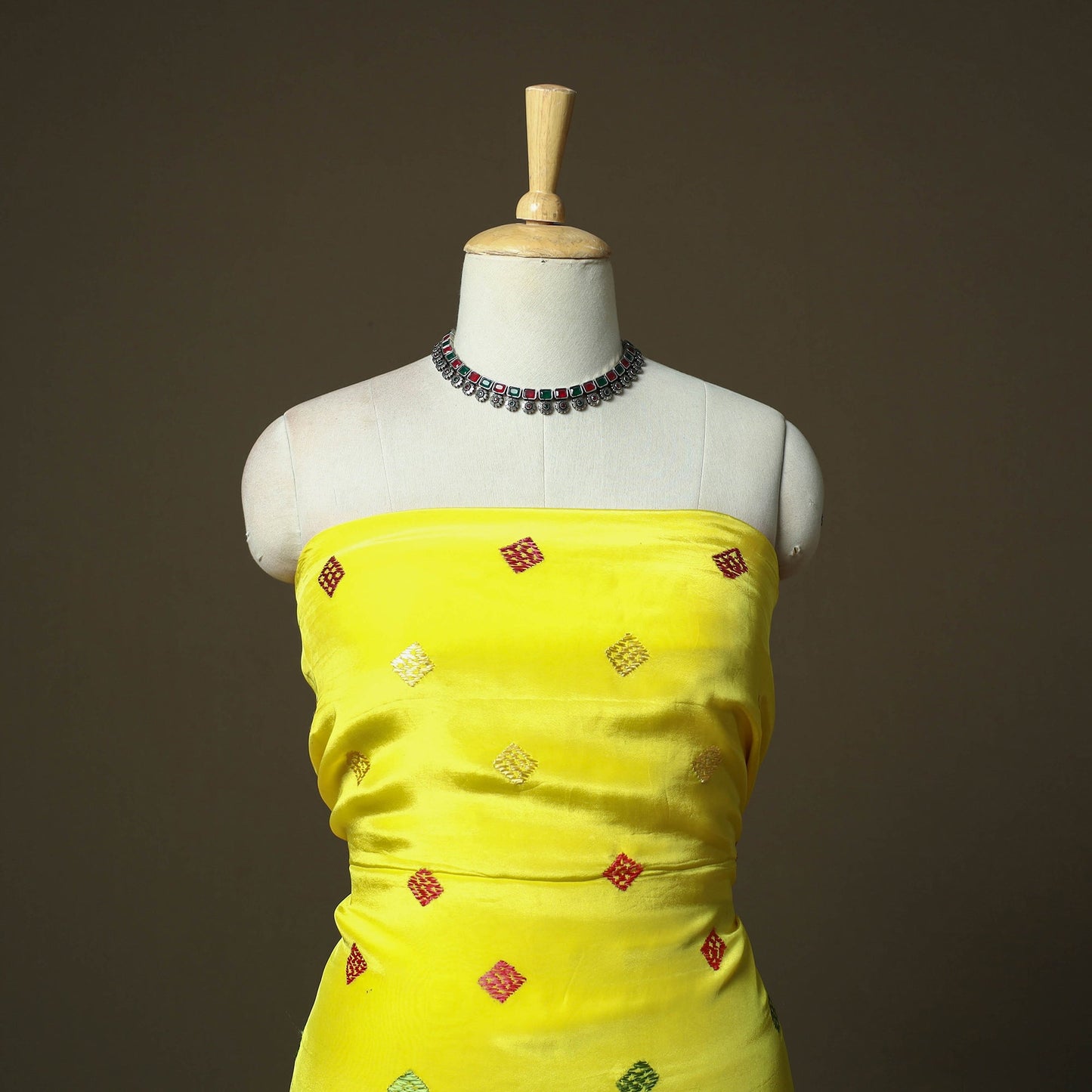 Phulkari hand embroidered crepe silk 3pc unstitched dress