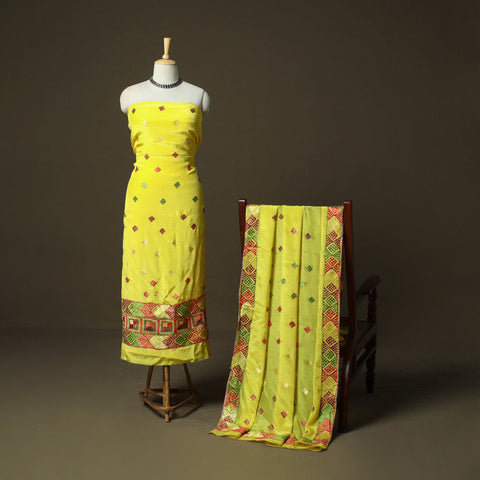 Phulkari hand embroidered crepe silk 3pc unstitched dress