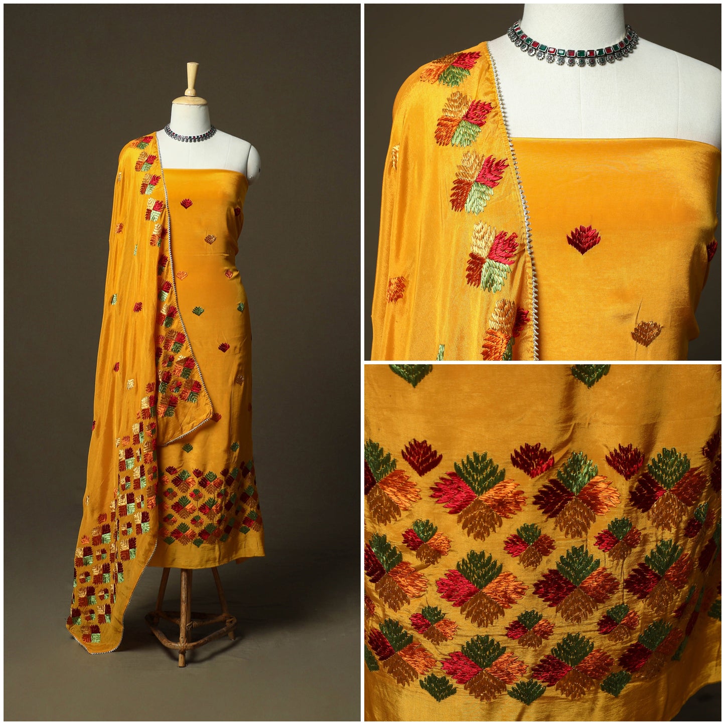 Phulkari hand embroidered crepe silk 3pc unstitched dress