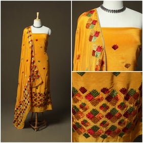 Phulkari hand embroidered crepe silk 3pc unstitched dress