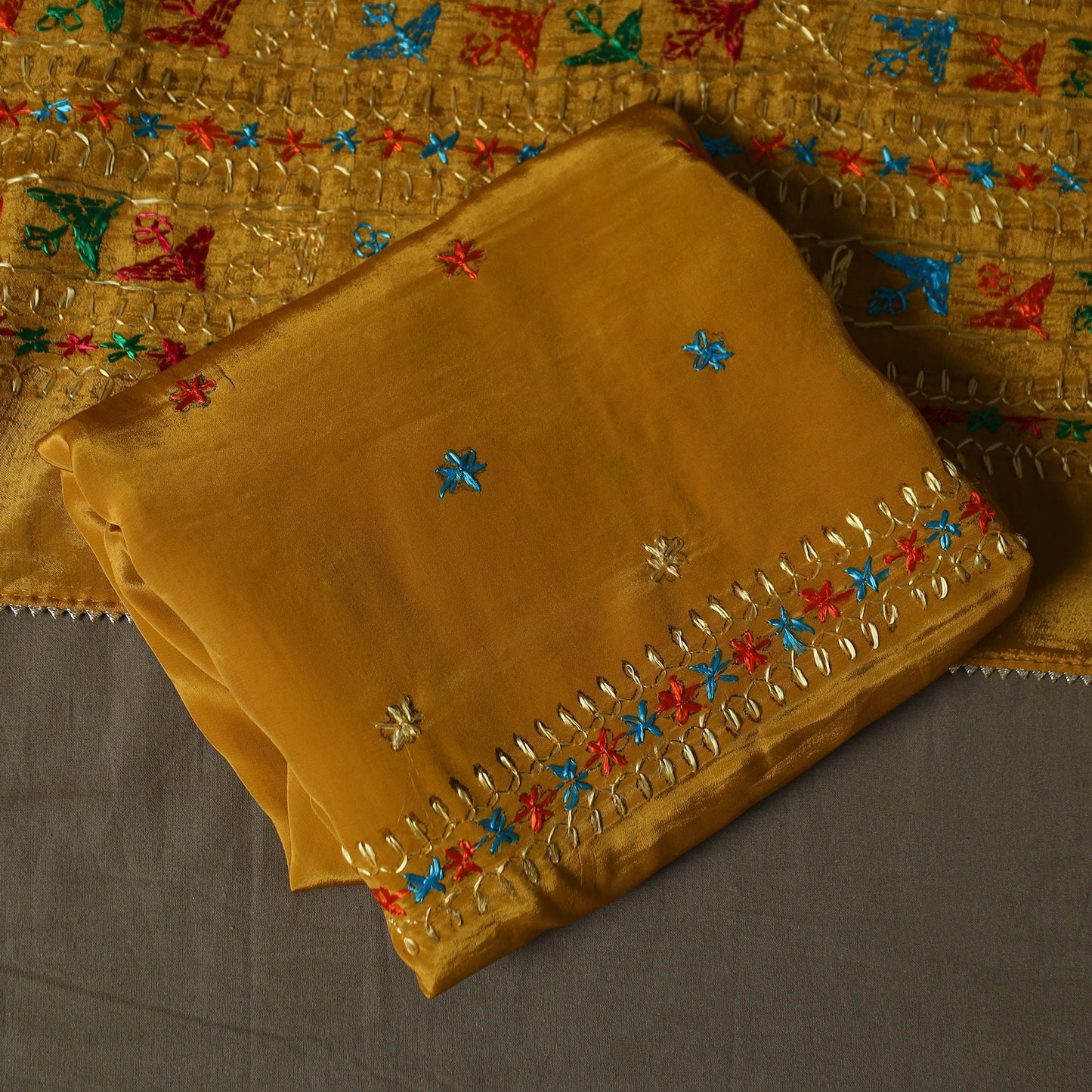 Phulkari hand embroidered crepe silk 3pc unstitched dress