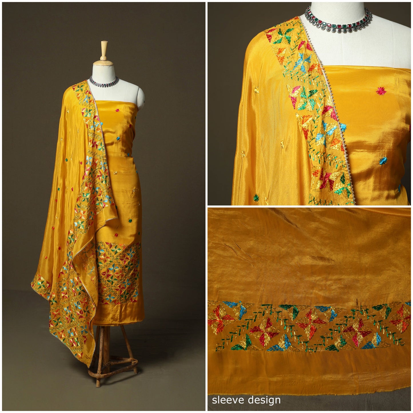 Phulkari hand embroidered crepe silk 3pc unstitched dress