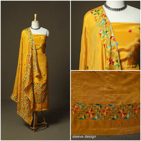 Phulkari hand embroidered crepe silk 3pc unstitched dress