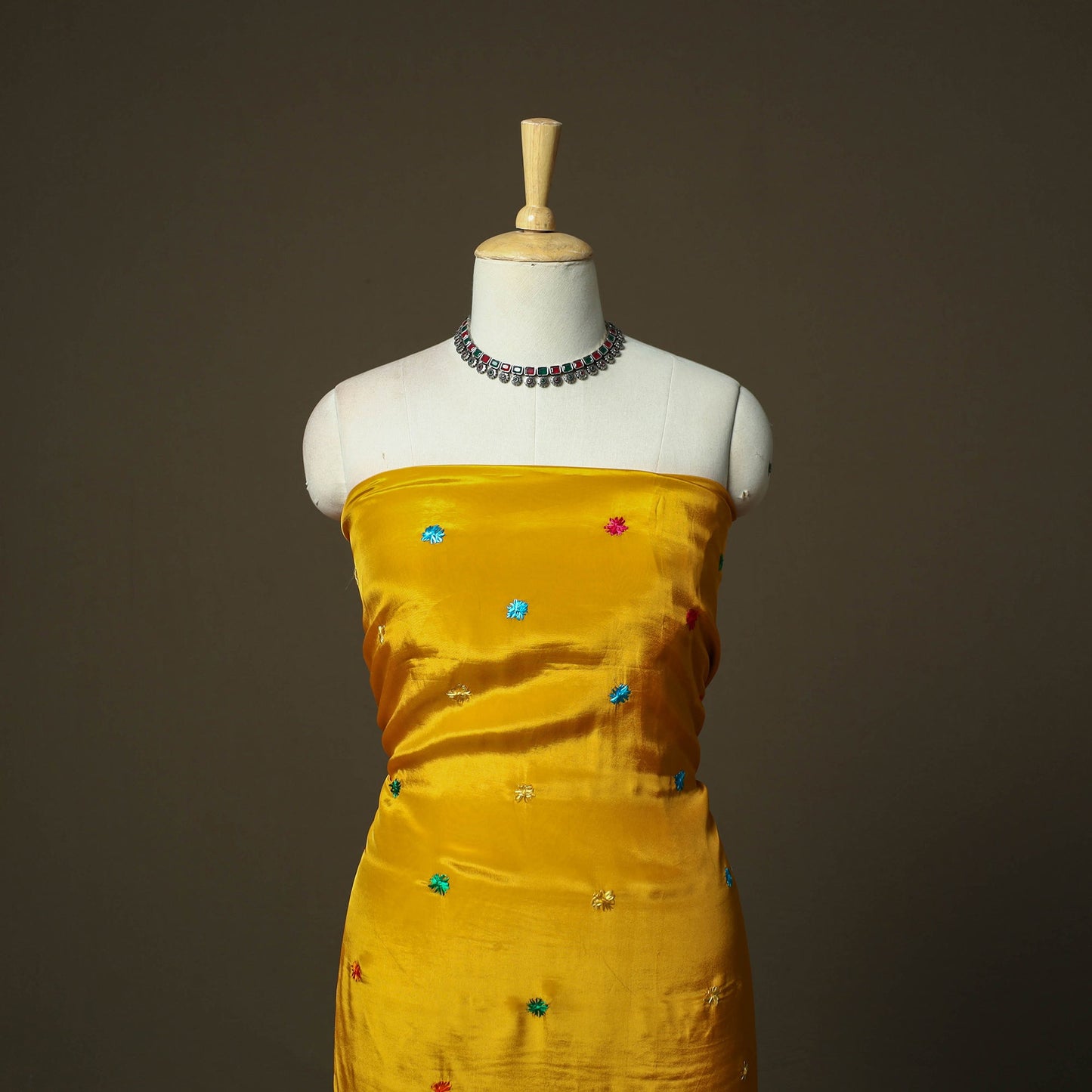 Phulkari hand embroidered crepe silk 3pc unstitched dress