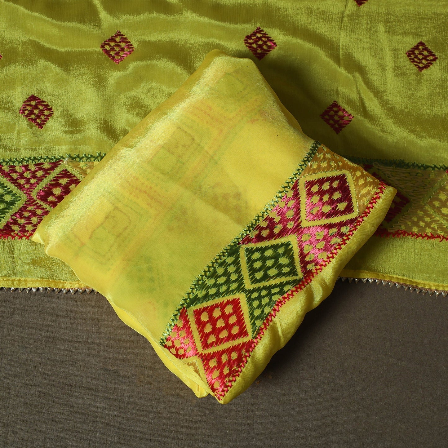 Phulkari hand embroidered crepe silk 3pc unstitched dress