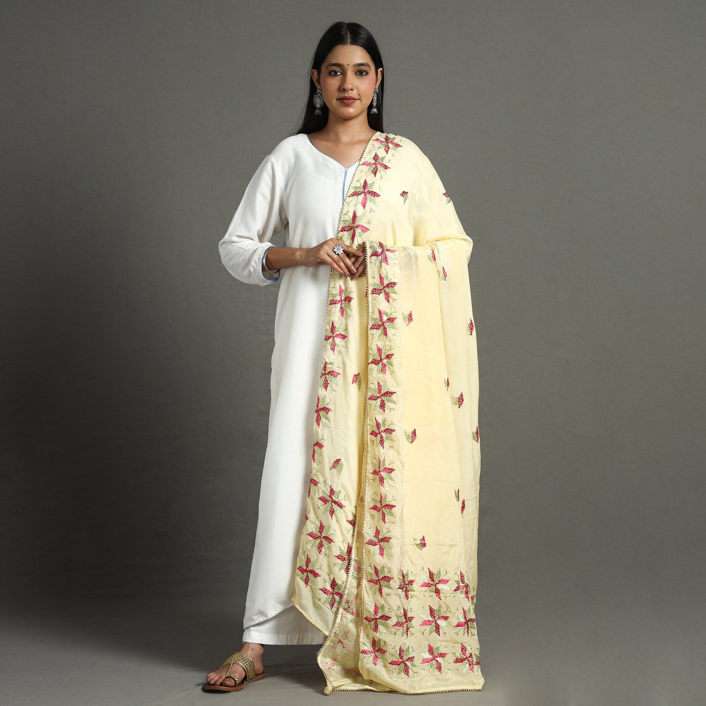  Traditional Phulkari Hand Embroidered Semi Silk Chinnon Dupatta 