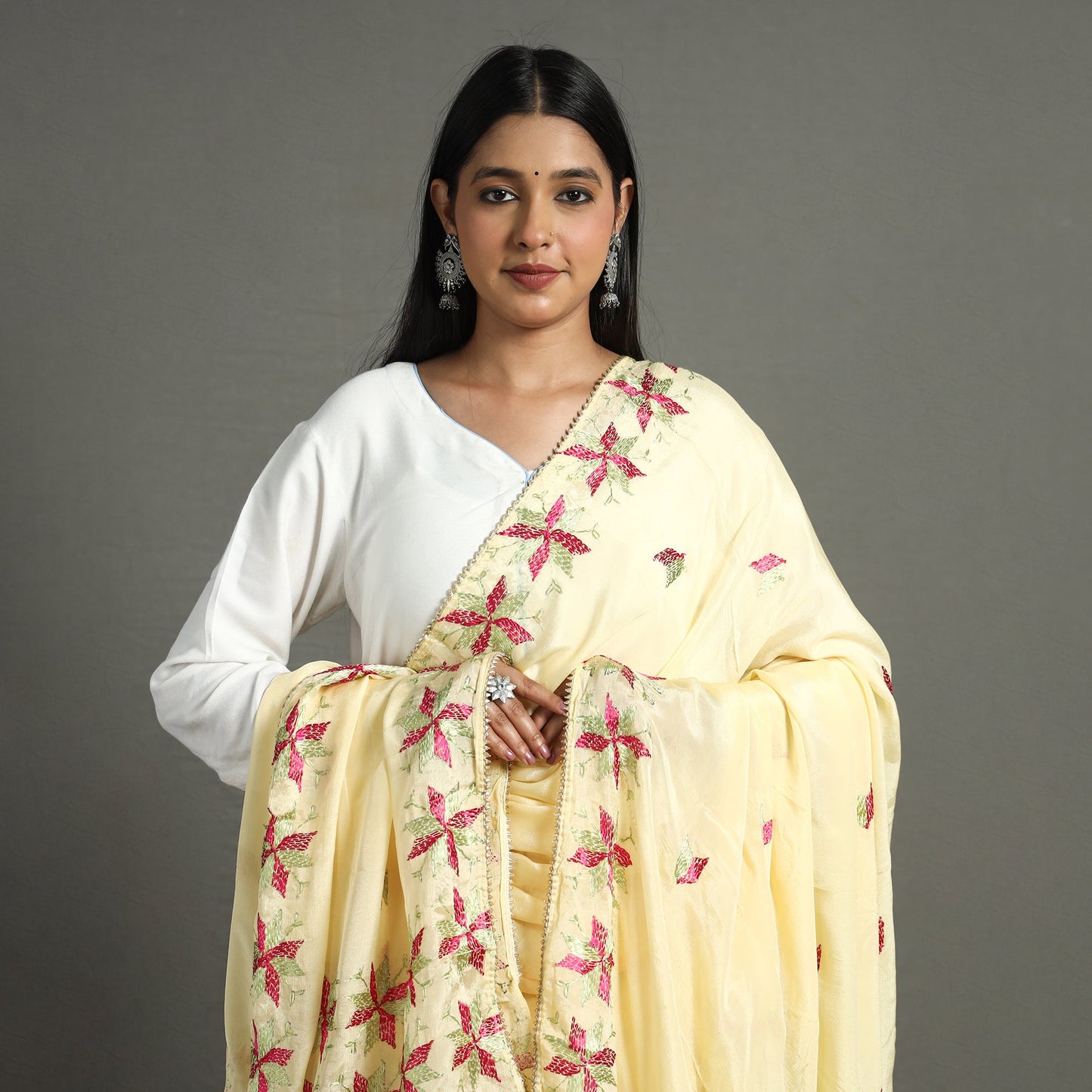  Traditional Phulkari Hand Embroidered Semi Silk Chinnon Dupatta 