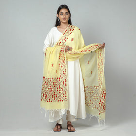 Yellow Phulkari Hand Embroidery Kota Doria Silk Dupatta