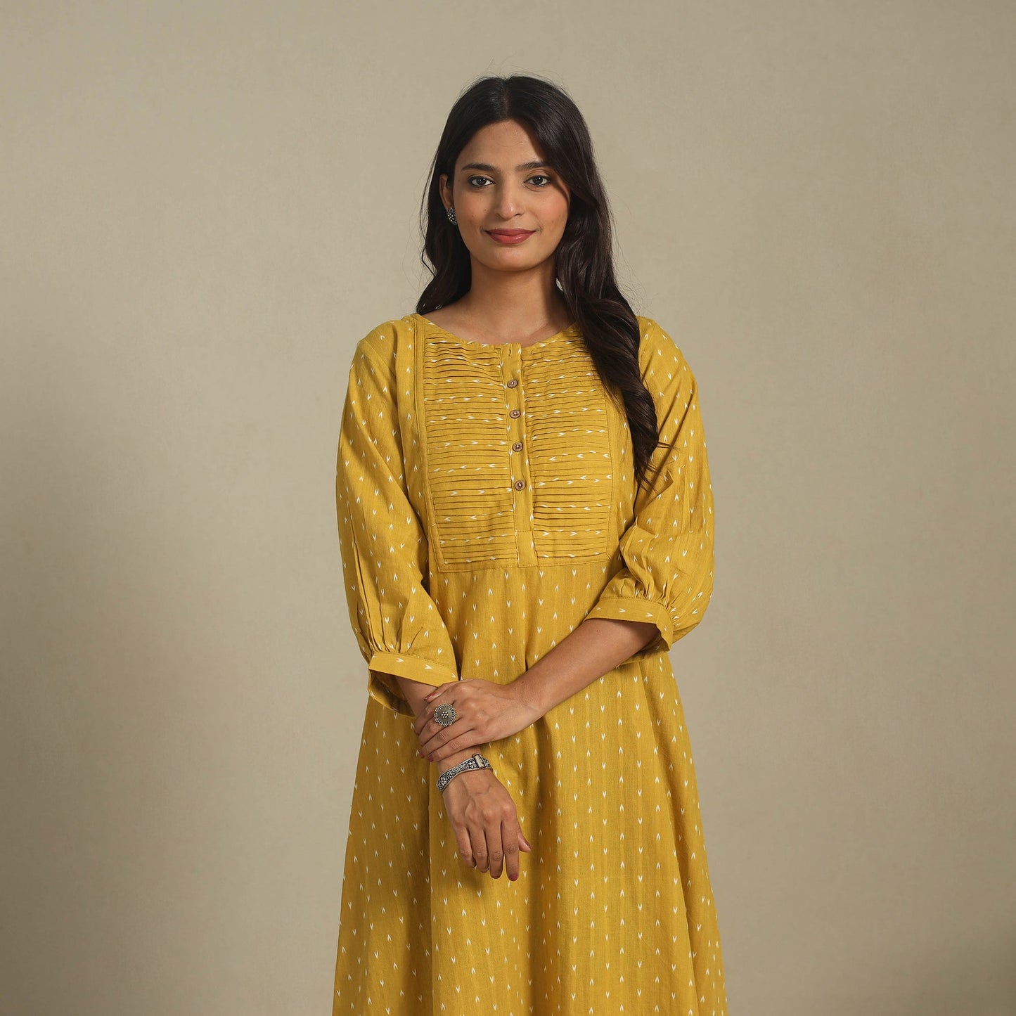 Yellow - pintuck cotton jacquard dress 07 - handcrafted