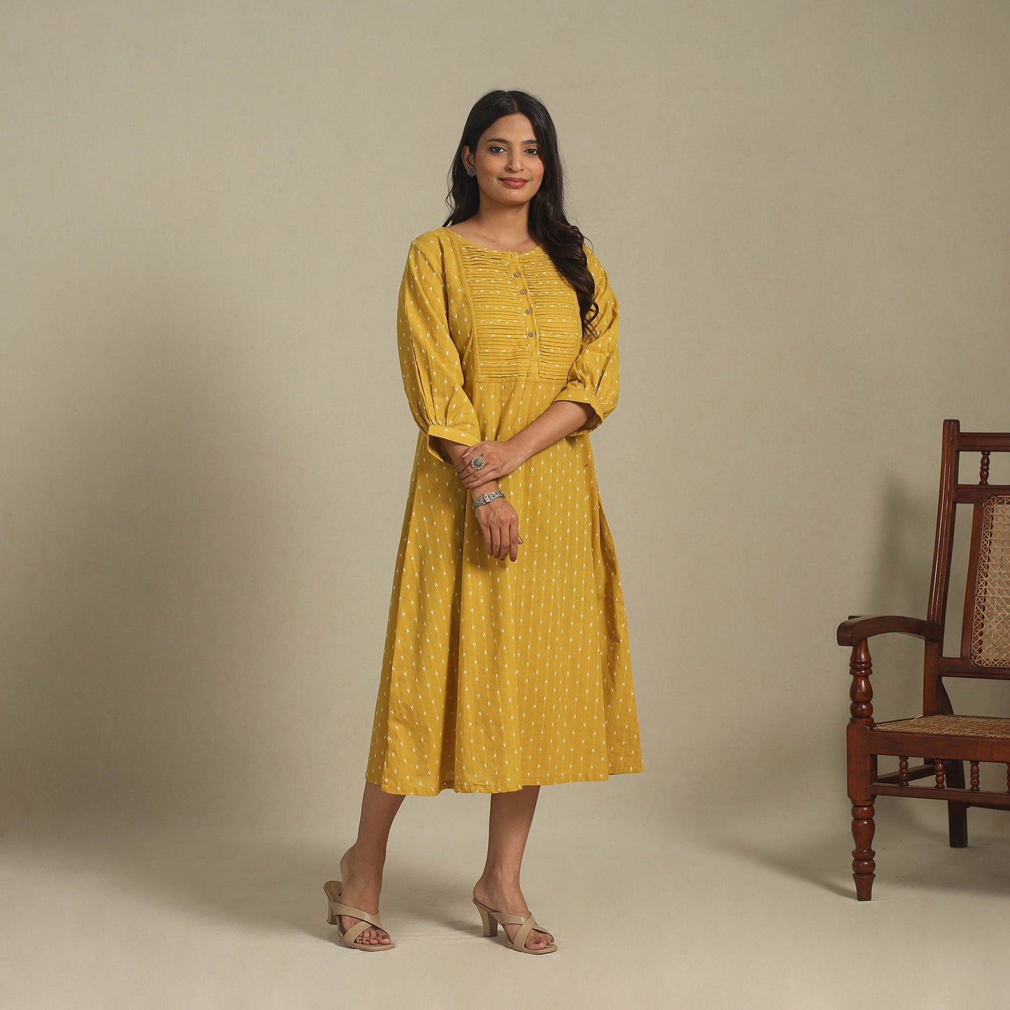 Yellow - pintuck cotton jacquard dress 07 - handcrafted