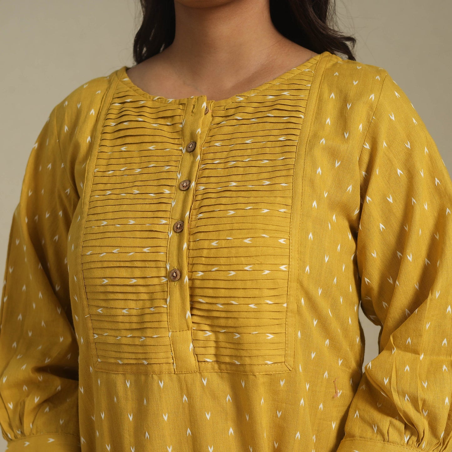 Yellow - pintuck cotton jacquard dress 07 - handcrafted