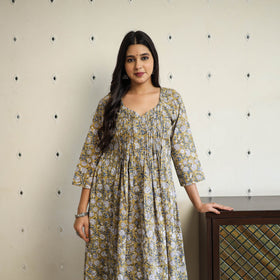  Yellow Pintuck Flared Cotton Block Print Sanganeri Kurta