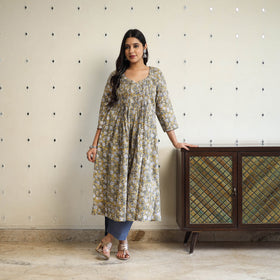  Yellow Pintuck Flared Cotton Block Print Sanganeri Kurta