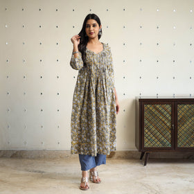  Yellow Pintuck Flared Cotton Block Print Sanganeri Kurta