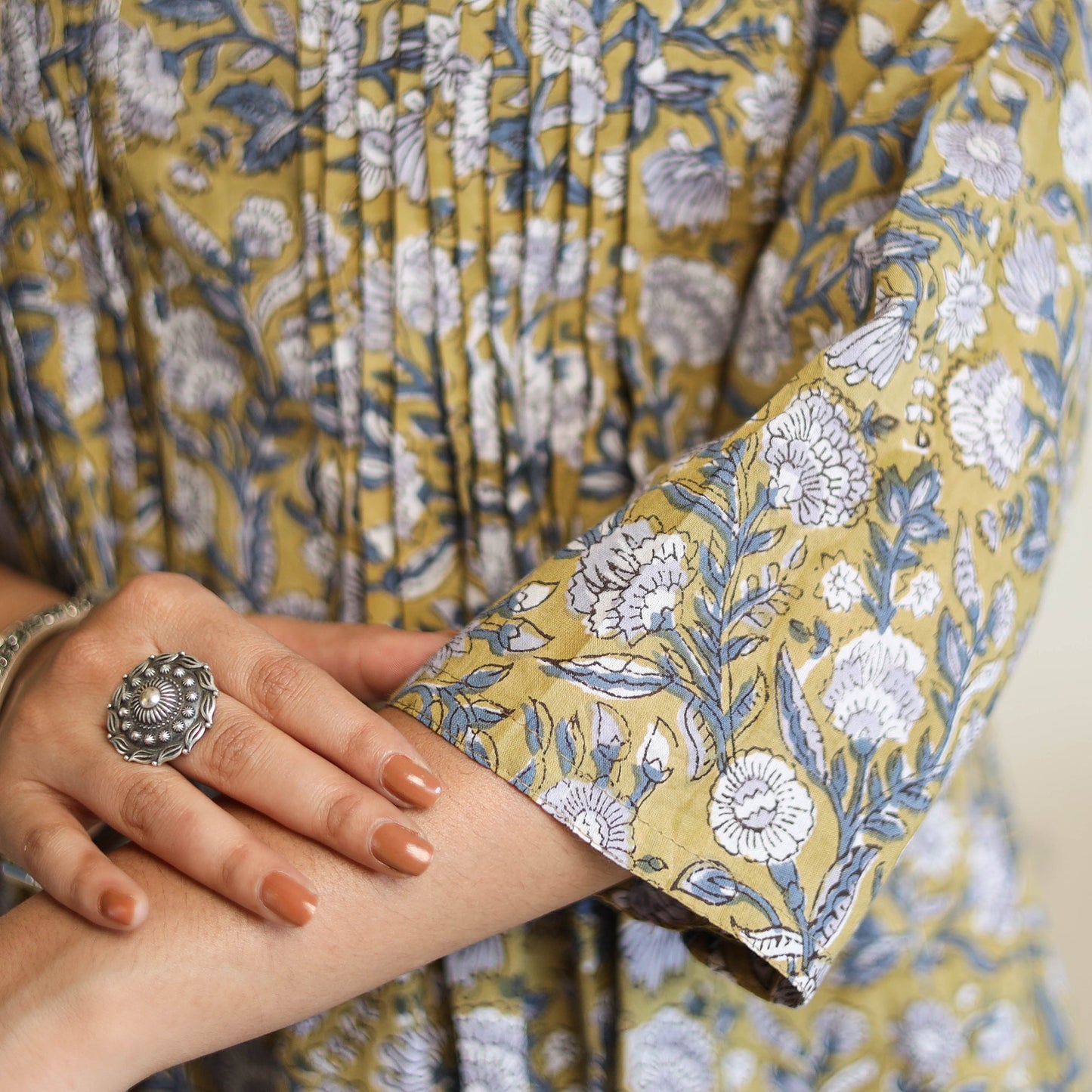  Yellow Pintuck Flared Cotton Block Print Sanganeri Kurta