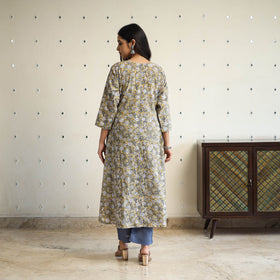  Yellow Pintuck Flared Cotton Block Print Sanganeri Kurta