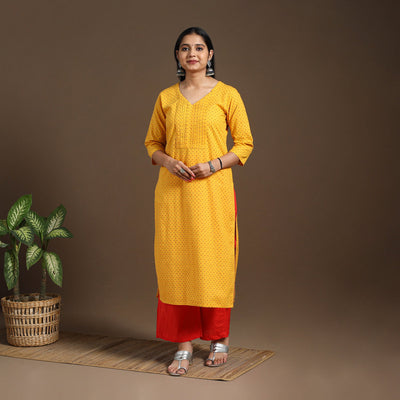 Yellow - pintuck straight cotton jacquard kurta 11