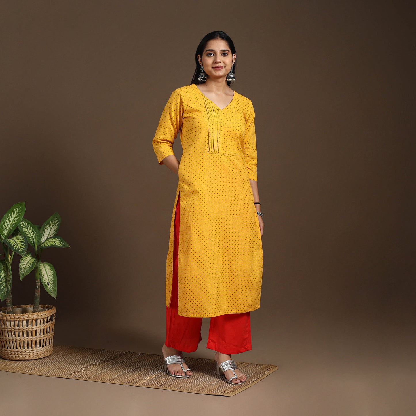 Yellow - pintuck straight cotton jacquard kurta 11