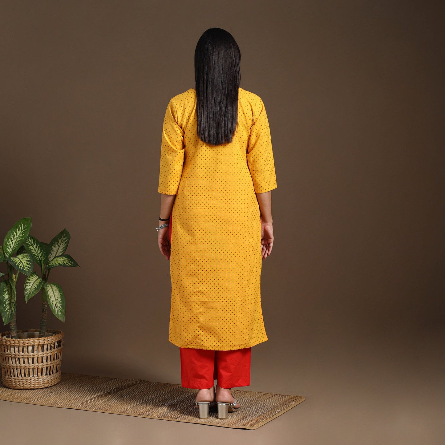 Yellow - pintuck straight cotton jacquard kurta 11