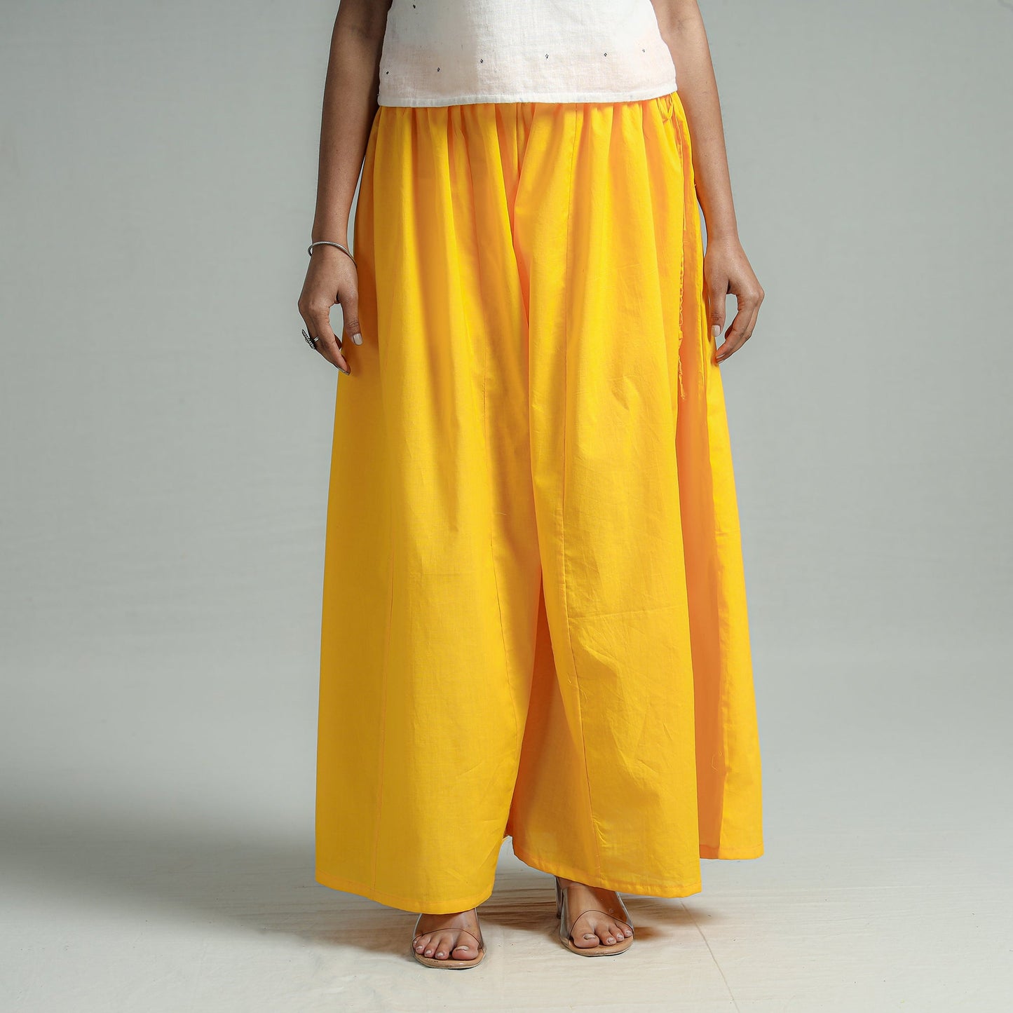  Yellow Plain Dyed Cotton Flared Palazzo 