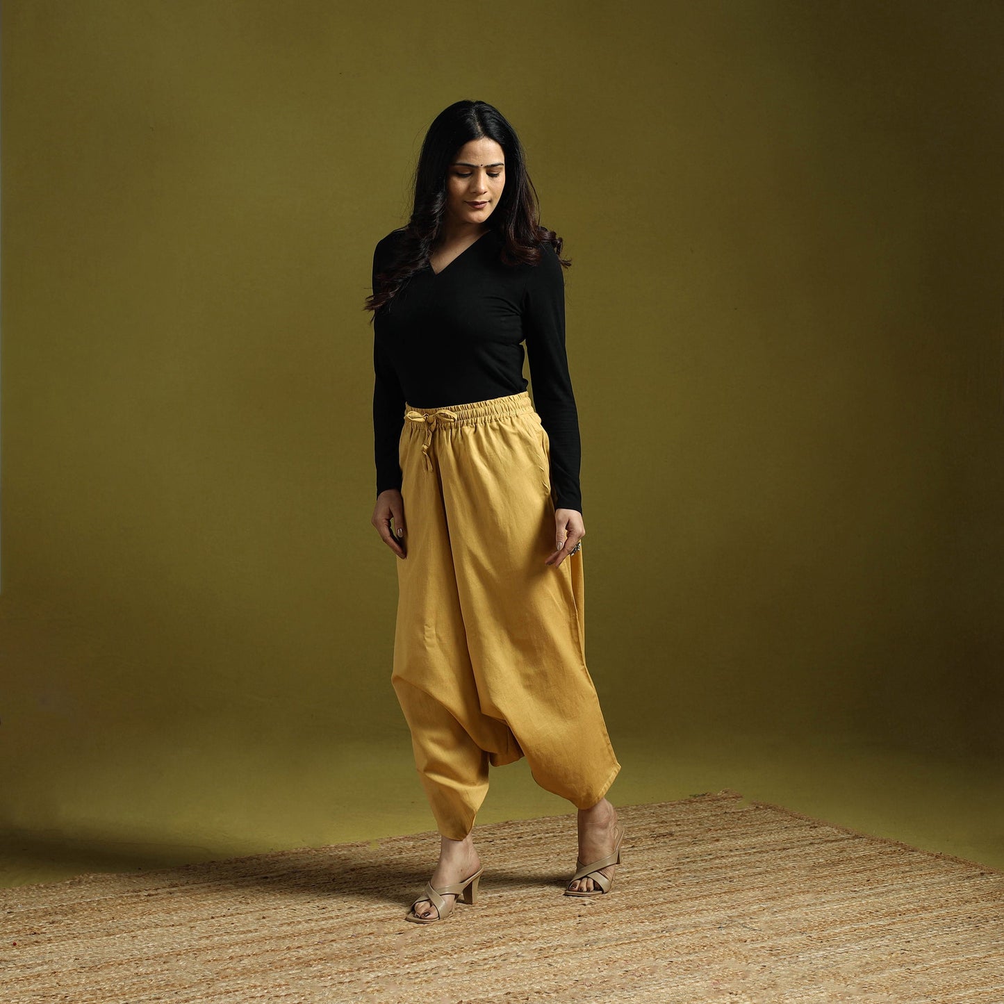 Yellow - plain flex cotton elasticated harem pant 19