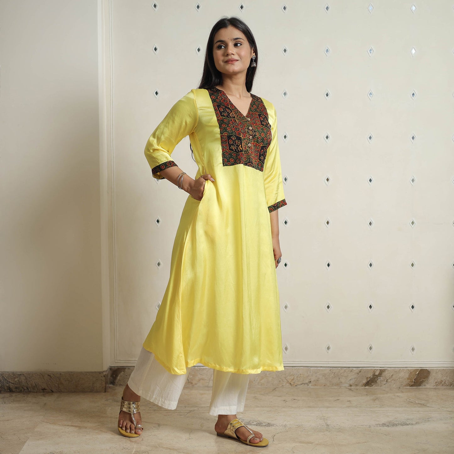  Plain Modal Silk A-Line Kurta with Ajrakh Patchwork 09 